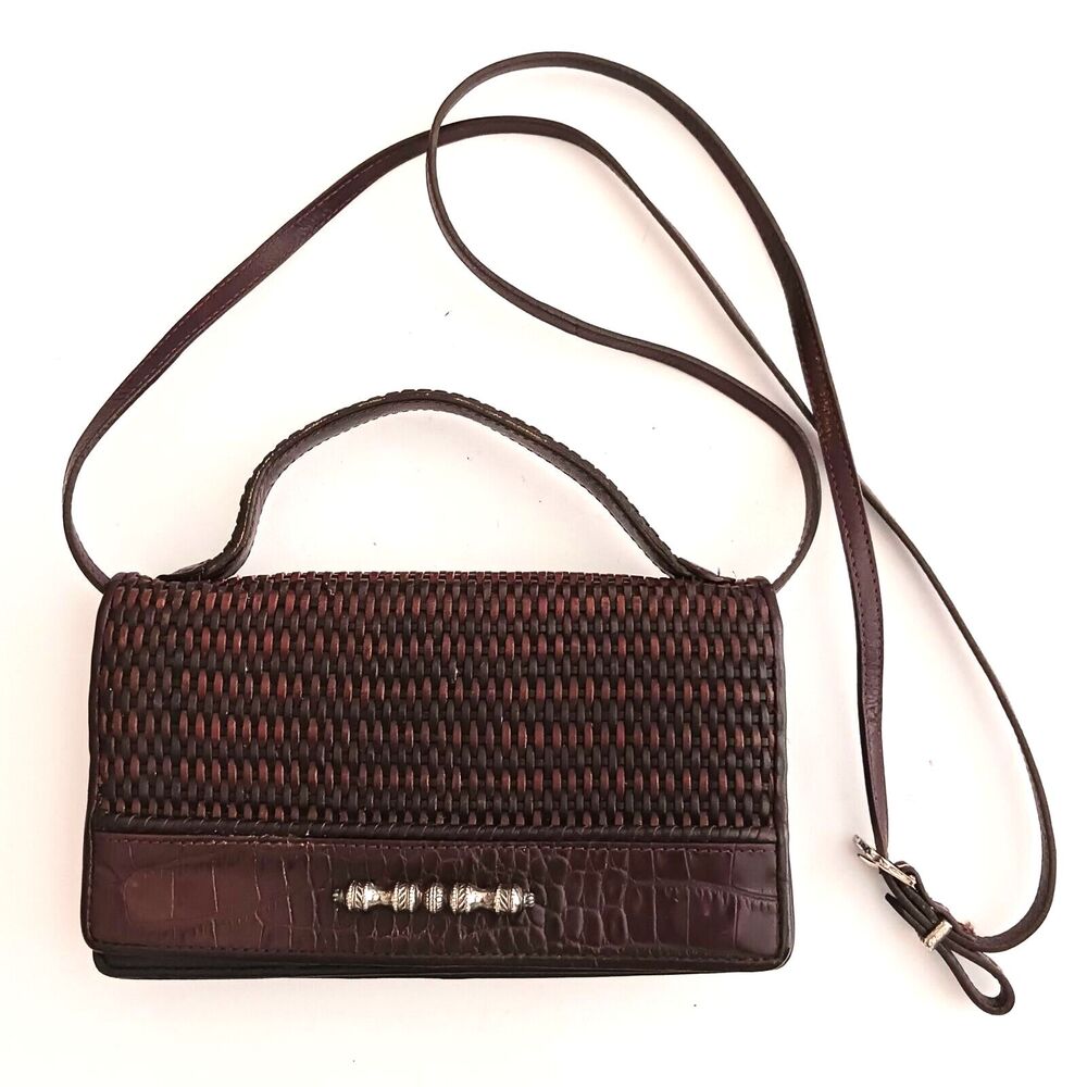 VTG Brighton Y2K Brown Woven Leather Crossbody Wallet Organizer w Phone Pocket